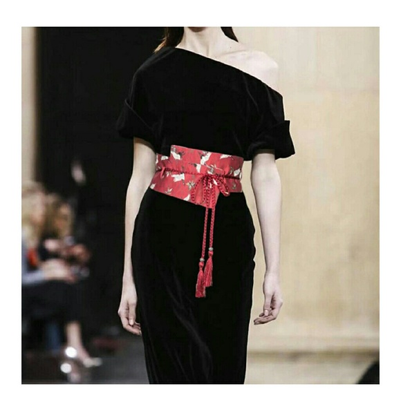 Silky Red Crane Print Japanese Obi Belt w Tassels - Picture 2 of 3